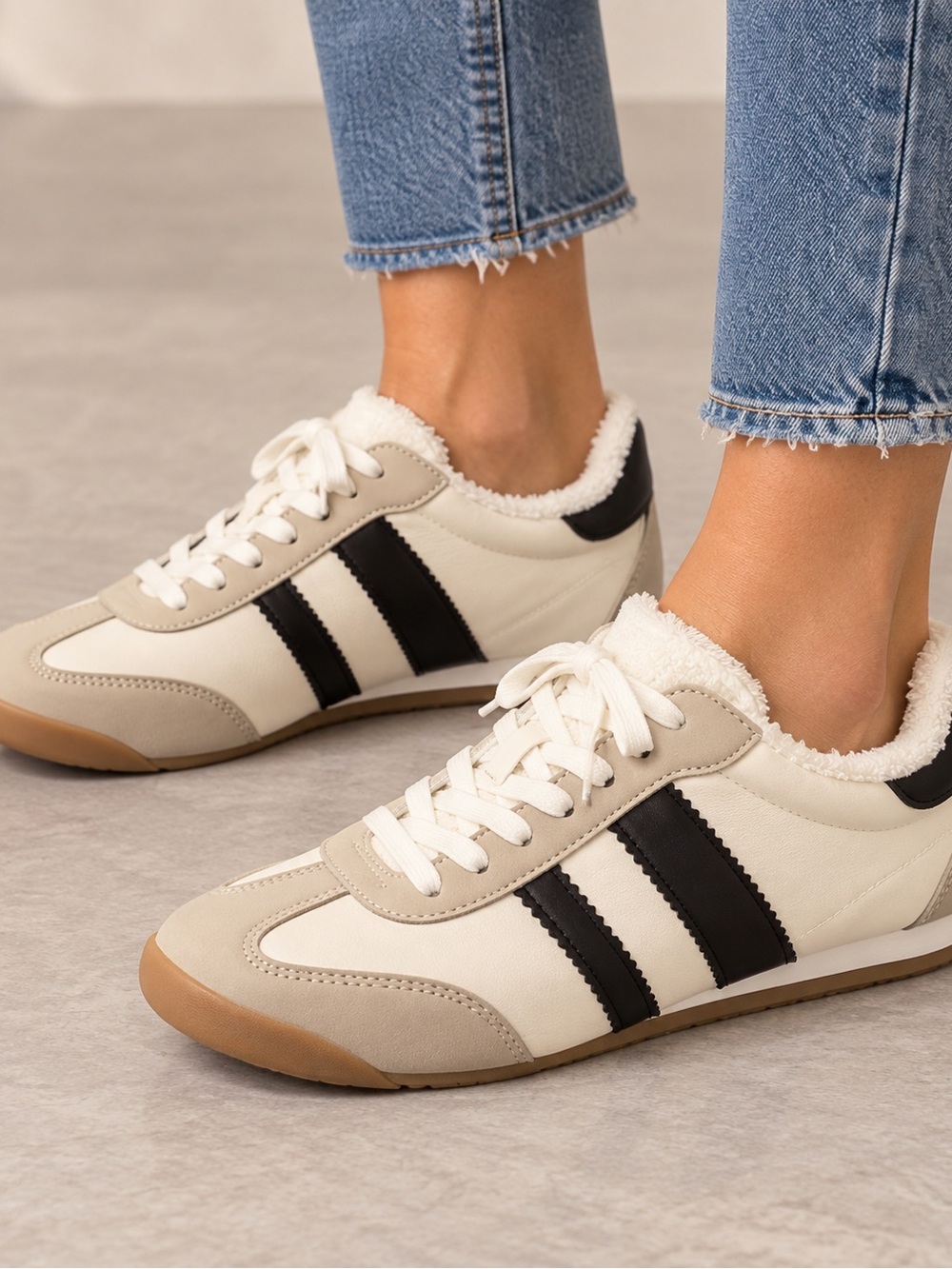 Dolce Vita Cream and Black Lace-Up Sneakers with Sherpa Collar